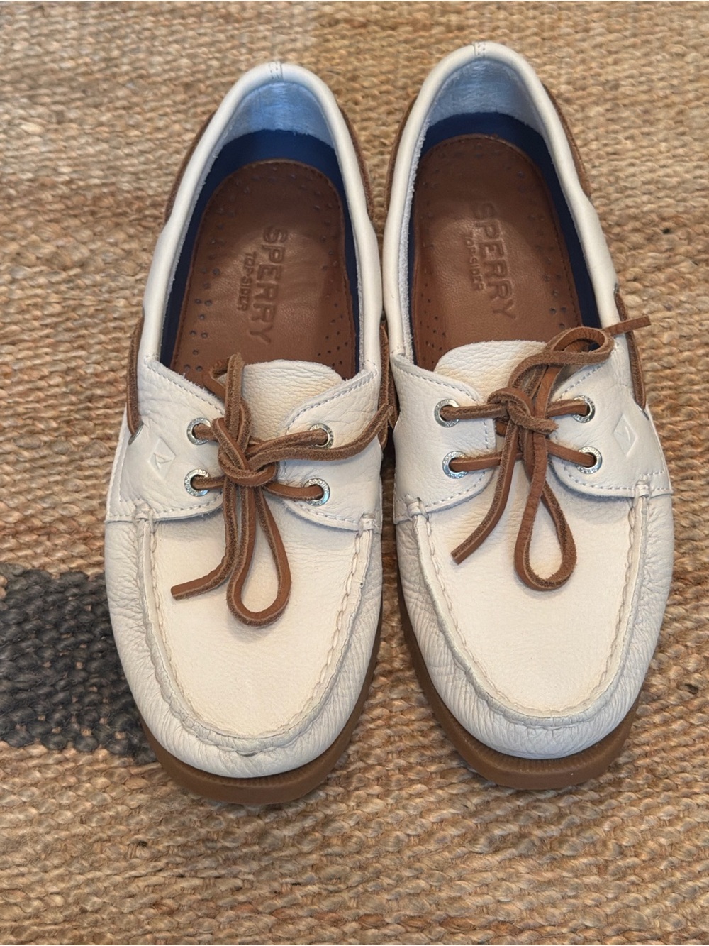 Women’s Sperry White Leather Boat Shoes with Tan Laces